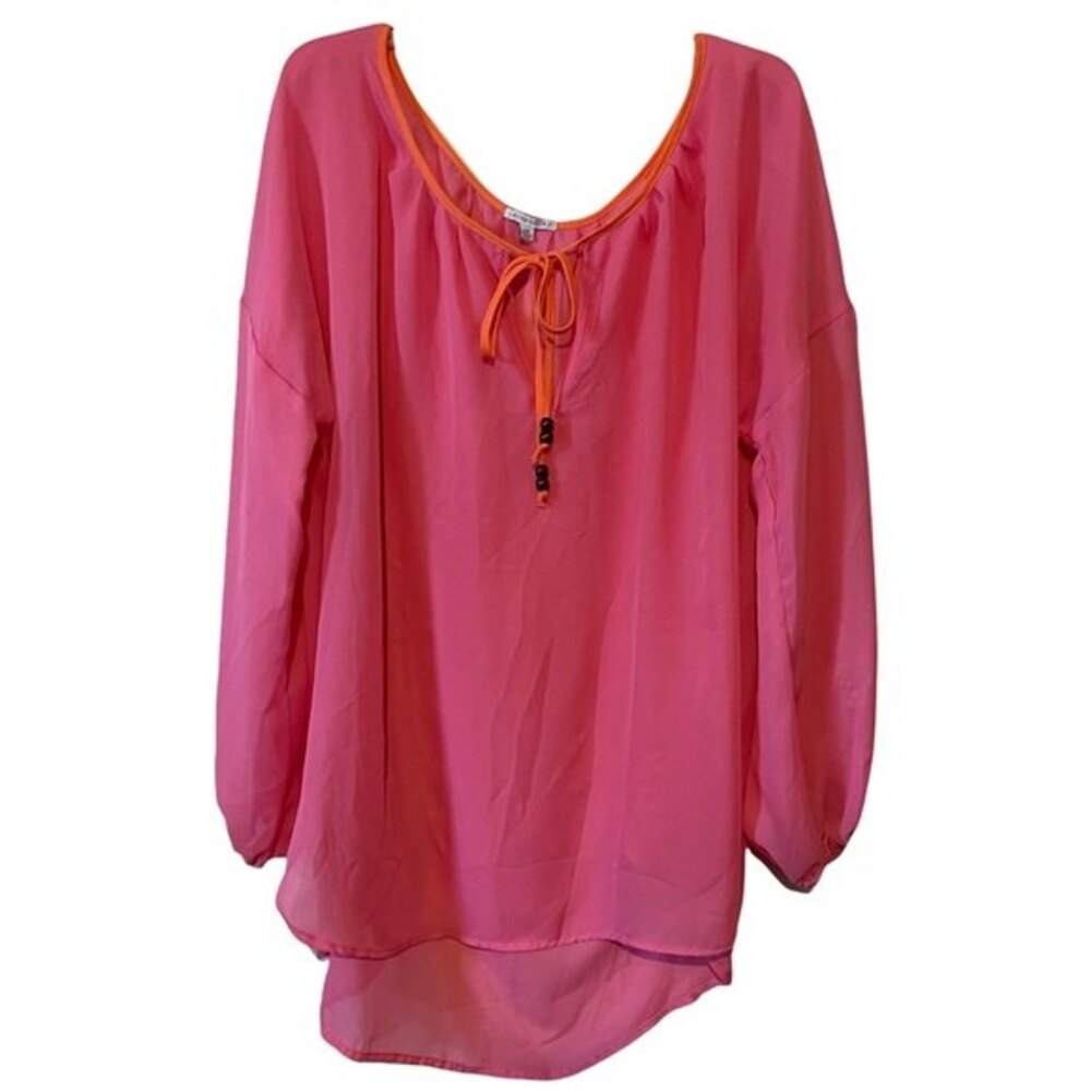Larsen Gray Pink Tunic Bathing Suit Cover Up Sheer w/ Beaded Ties 2X